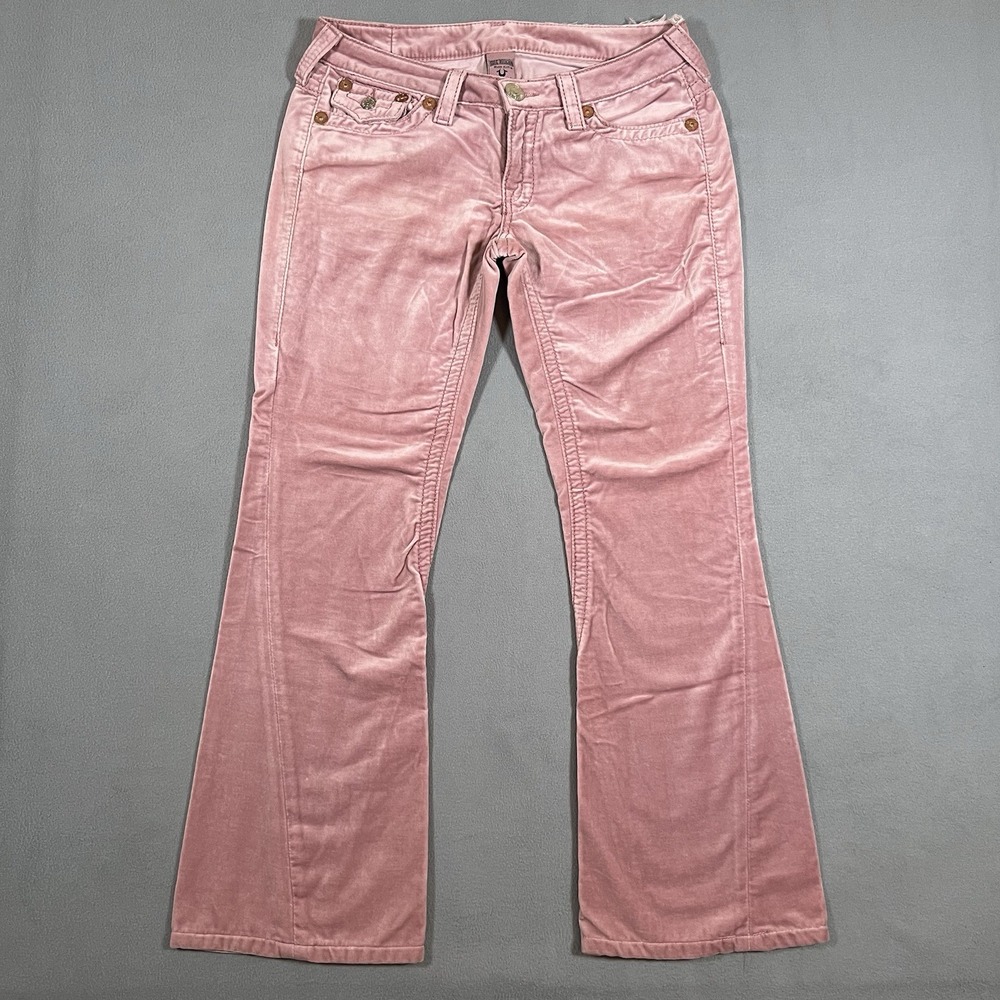 True Religion Joey Big T Velour Flare Leg Pants‎ Sz 31x30 Pink Bootcut Flaps USA
